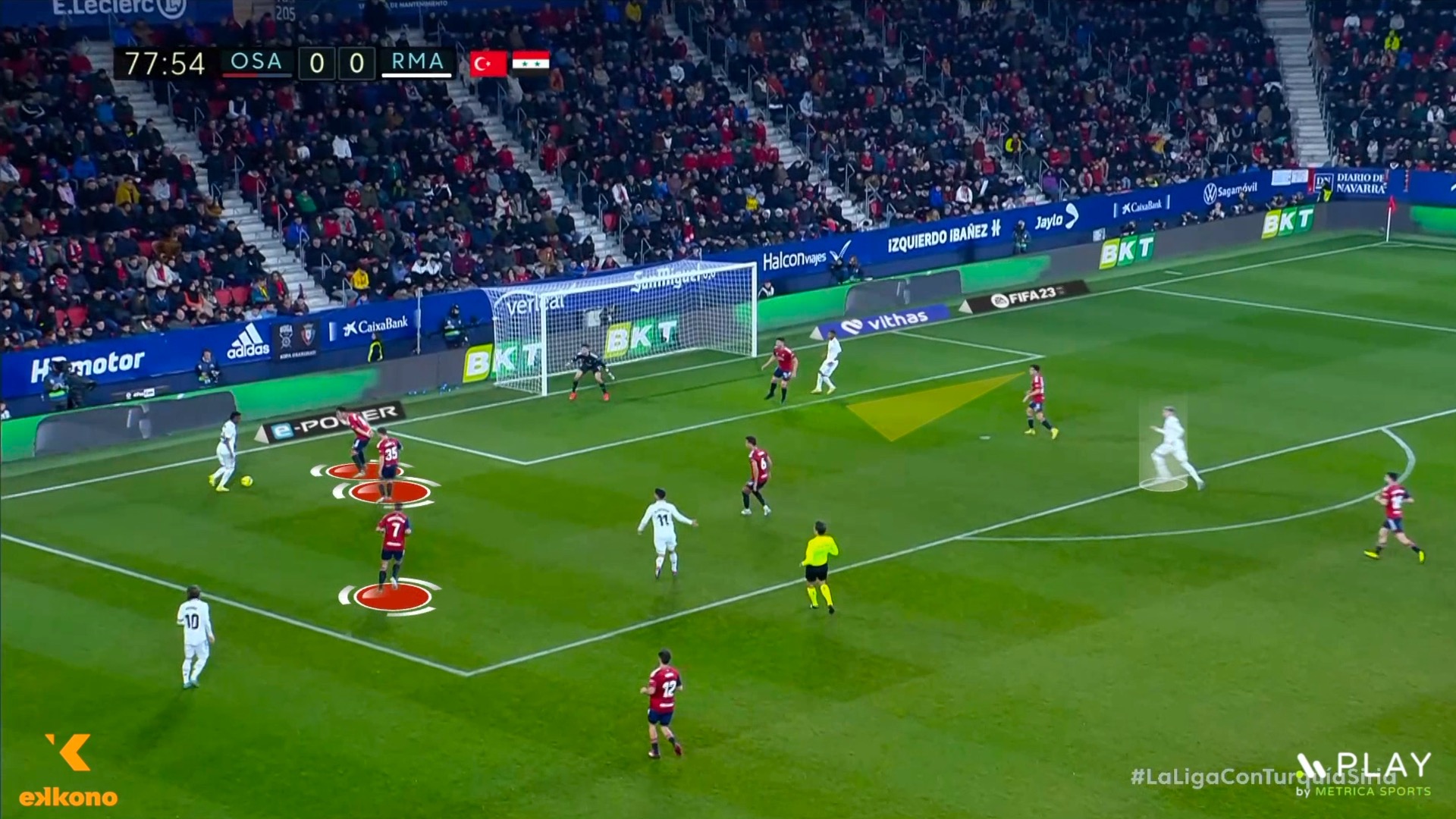 In this example, he also attracts the attention of multiple defenders who don't detect Valverde's entrance to the box, who will score.