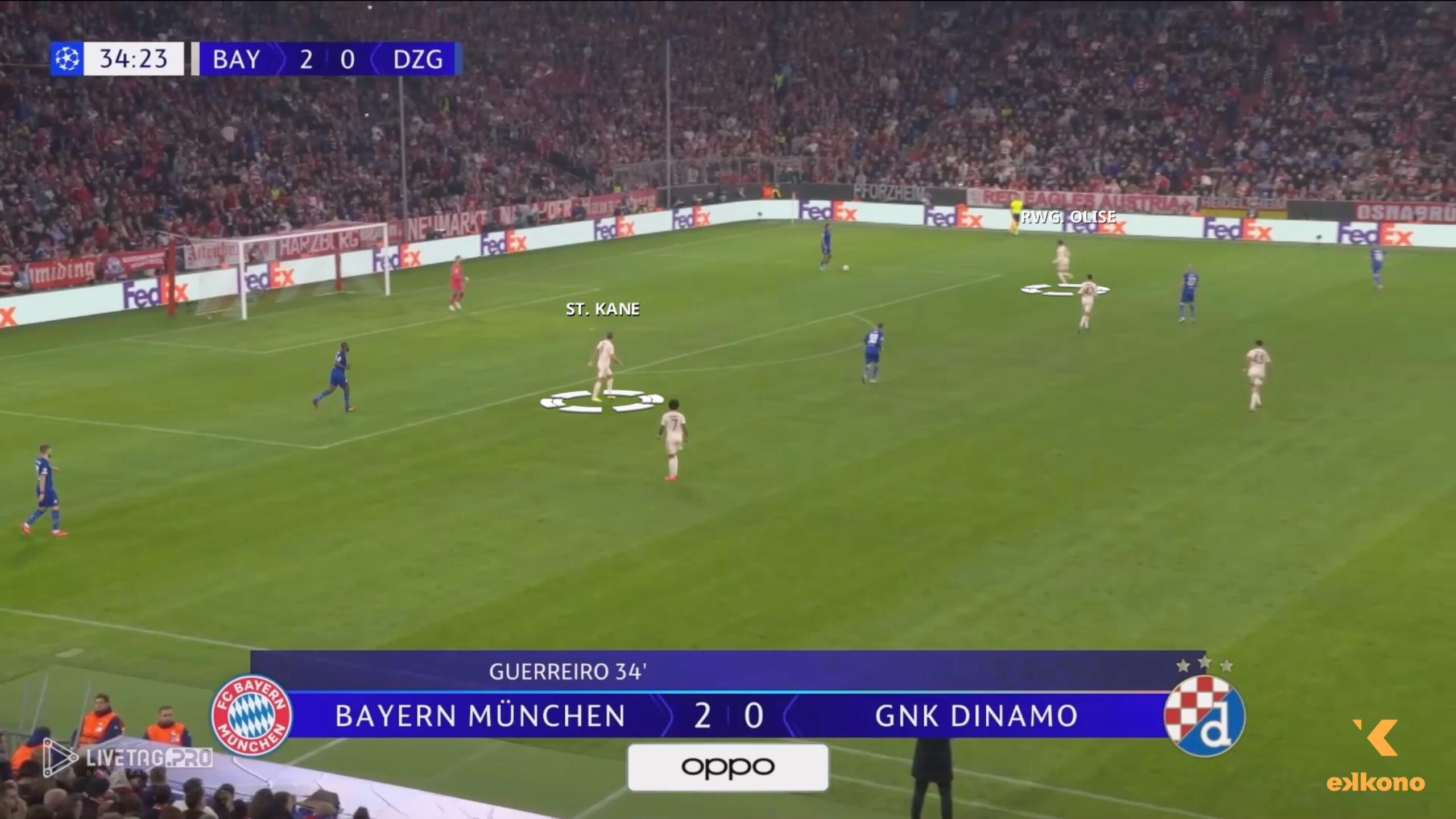 Bayern Munich - Vincent Kompany. High pressing. In this action, Kane (ST) and Olise (RW) pin down the central defenders of Dinamo Zagreb.